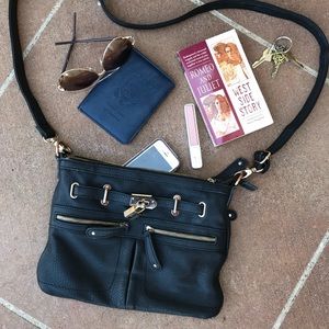 Faux leather crossbody purse, decorative gold lock